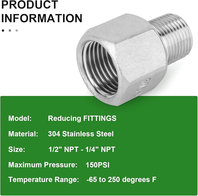 TAISHER 5PCS 304 Stainless Steel Pipe Fitting, 1/4" Male NPTx 1/2" Female NPT - Image 6