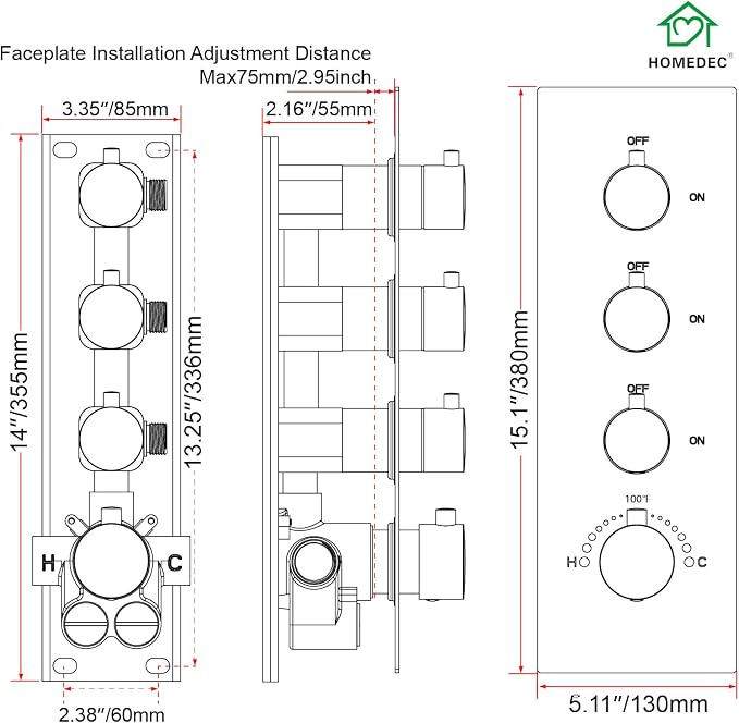 HOMEDEC 3 Way Thermostatic Shower Diverter Valve, Brass 3/4" Inlet and 1/2" - Image 5