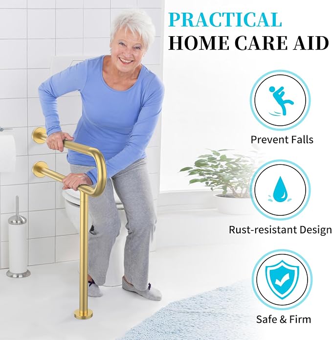 Toilet Support Rail 31.3X 31.5 Inch, Munzong Anti-Slip Gold Handicap Grab Bar - Image 3