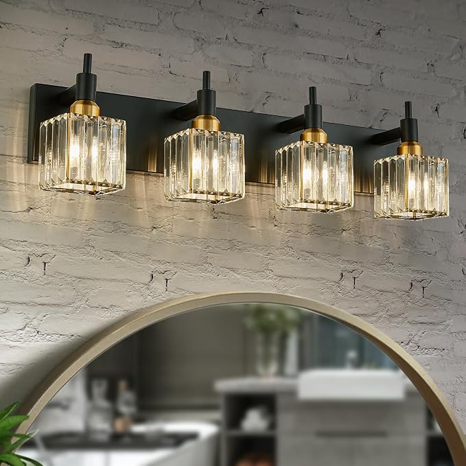 Gold Black Crystal Bathroom Lighting Fixtures, 4 Light Brass Modern Crystal by HUOKU