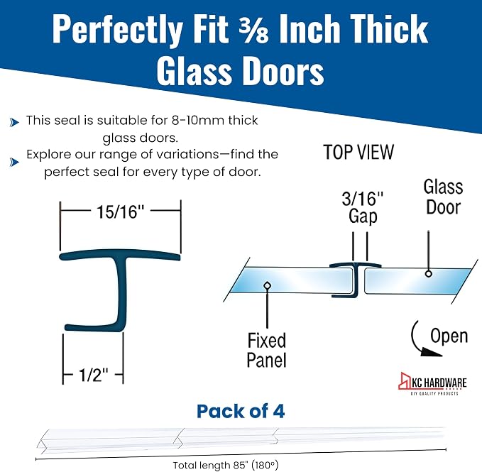 KC Hardware 85 Inch Frameless Shower Door Side Seal Strip, H-Type Glass Shower - Image 3