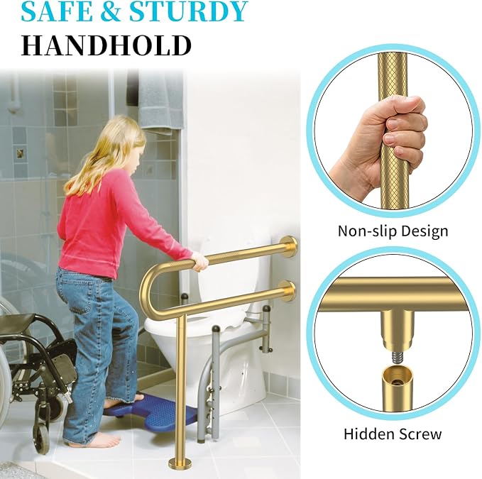 Toilet Support Rail 31.3X 31.5 Inch, Munzong Anti-Slip Gold Handicap Grab Bar - Image 4
