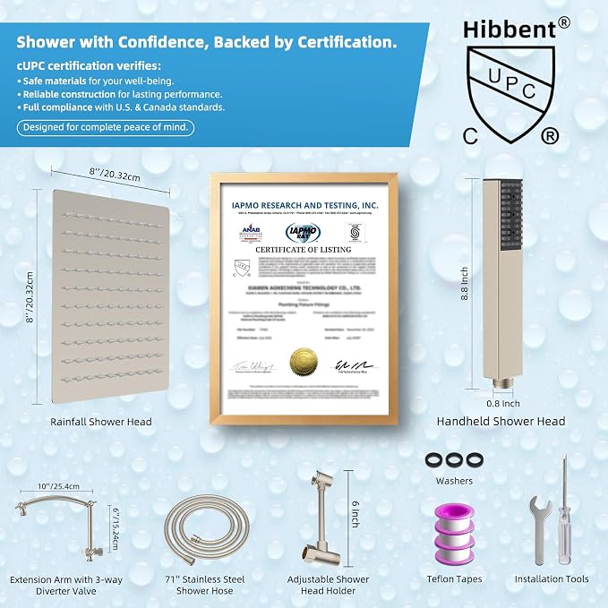 Hibbent All Metal CUPC Certified 8'' Rainfall Shower Head, Dual Shower Head - Image 4