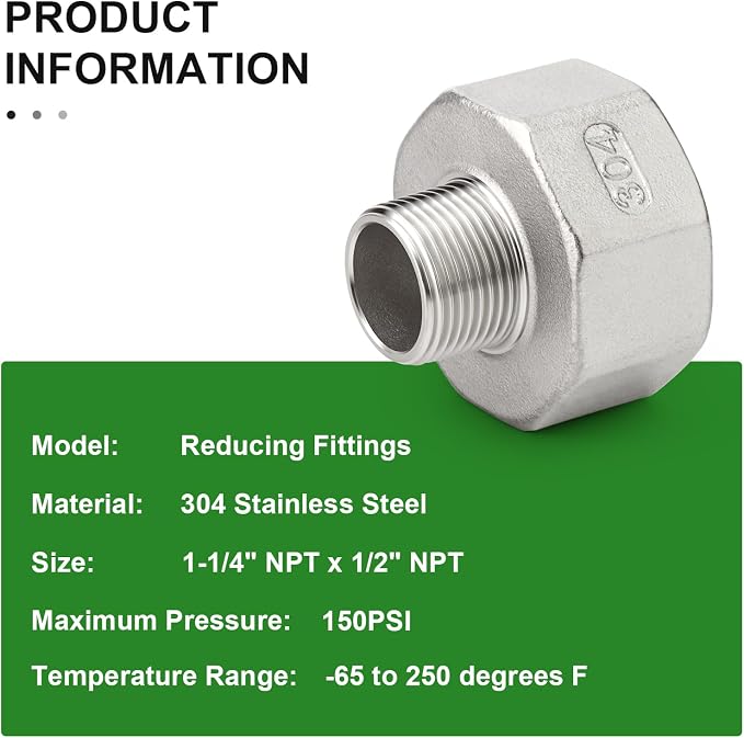 TAISHER 2PCS 304 Stainless Steel Pipe Fitting, 1/2" NPT Male x 1-1/4" NPT Female - Image 5