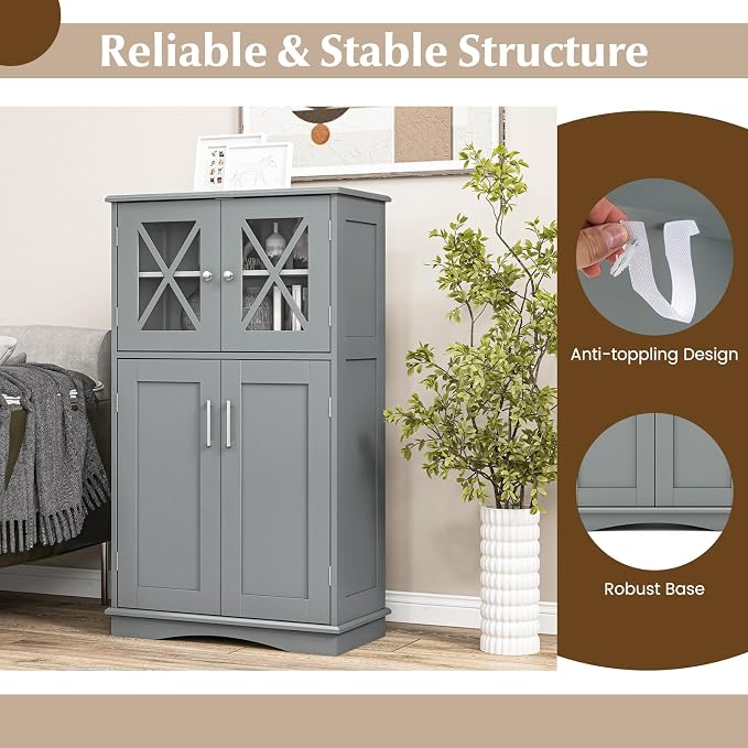 Tangkula Freestanding Floor Cabinet w/2 Glass Doors, 3-Level Adjustable Shelves - Image 6