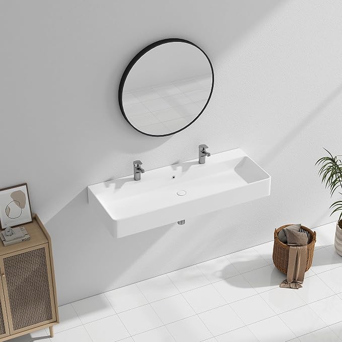 Eridanus Bathroom Sink Rectangle 43" x 16", Two Hole Vitreous Ceramic Vessel - Image 7