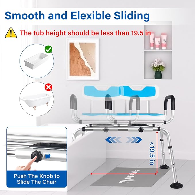 Sliding Shower Chair, Height Adjustable Tub Transfer Bench, 360° Shower Swivel - Image 3