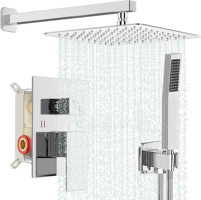 Shower Faucet Set Bathroom Square Rain Shower Head and Handle Set, Wall Mounted by Baetuy