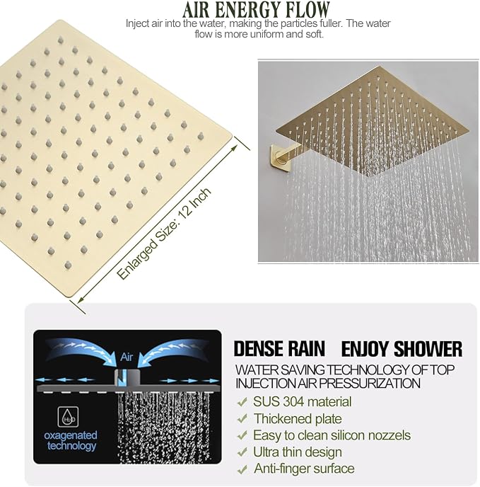 Rain Shower System 12 Inch Ultra Large Shower Head High Pressure Brushed Gold - Image 3