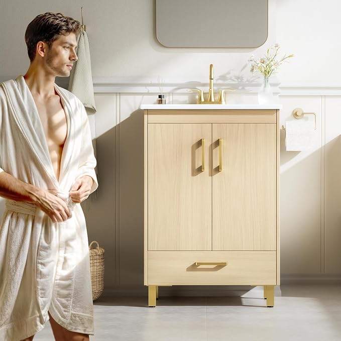 phiestina Fully Pre-Assembled 24 Inch Bathroom Vanity, Oak Bathroom Sink Cabinet - Image 2
