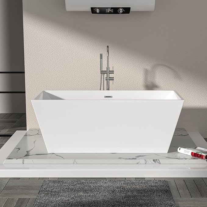 Logmey 67 Inch Bathtub White Acrylic Freestanding Rectangle Deep Soaking Tub - Image 5