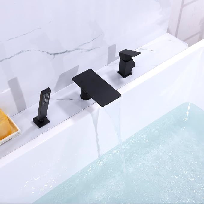 Roman Tub Faucet with Hand Shower, Matte Black Deck Mount Waterfall Tub Faucet - Image 8