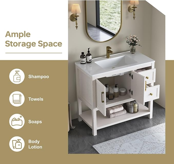 36" Bathroom Vanity with Sink, Bathroom Sink Cabinet with 2 Drawers & Open Shelf - Image 5
