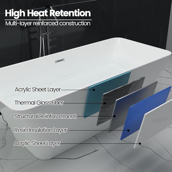 66'' Acrylic Freestanding Bathtub, Deep Soaking Tub - Image 4