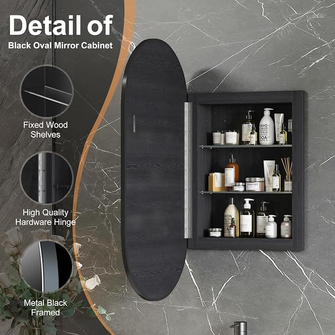 Oval Medicine Cabinet Mirror for Bathroom, Recessed Black Medicine Cabinet - Image 4