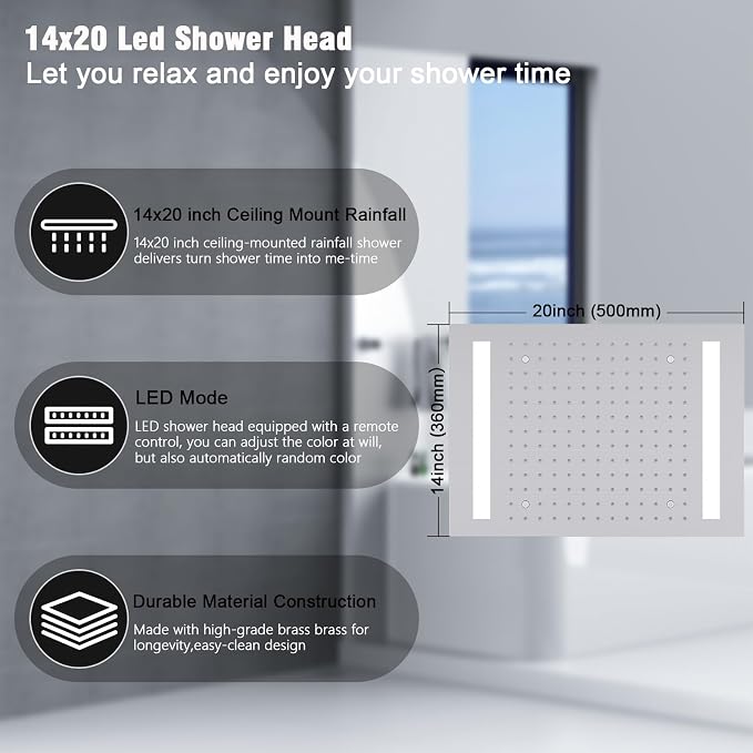 Rain Shower Head System with 14x20 Inch Ceiling Mount LED Head & 6 Inch Wall - Image 3