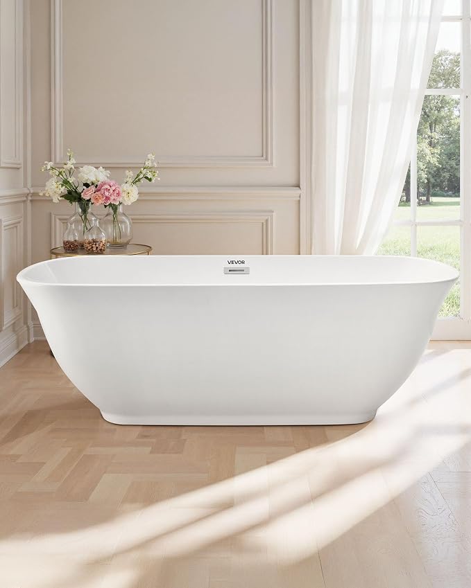 VEVOR Acrylic Freestanding Bathtub, 67 Inch Contemporary Soaking White Tub - Image 7