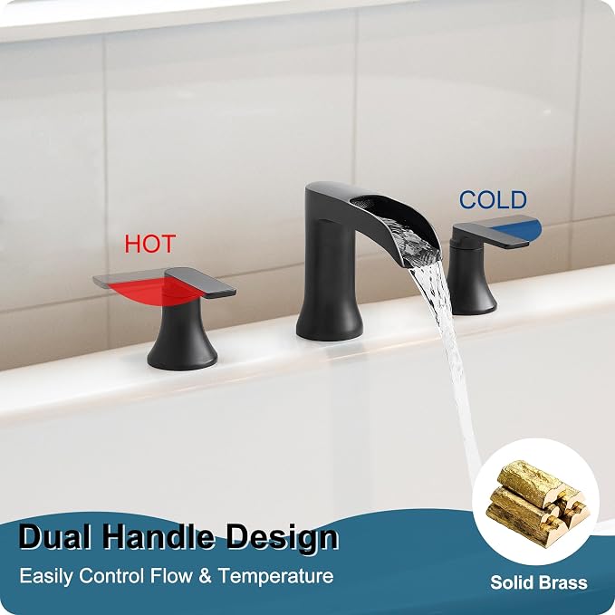 Solid Brass Waterfall Bathtub Faucets Set, 3 Hole Matte Black Tub Faucet 2 - Image 3