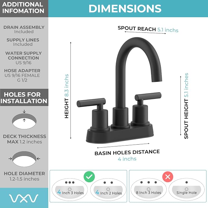 VXV Bathroom Sink Faucet 4 Inch 2 Handle Centerset Utility Lavatory Vanity - Image 4