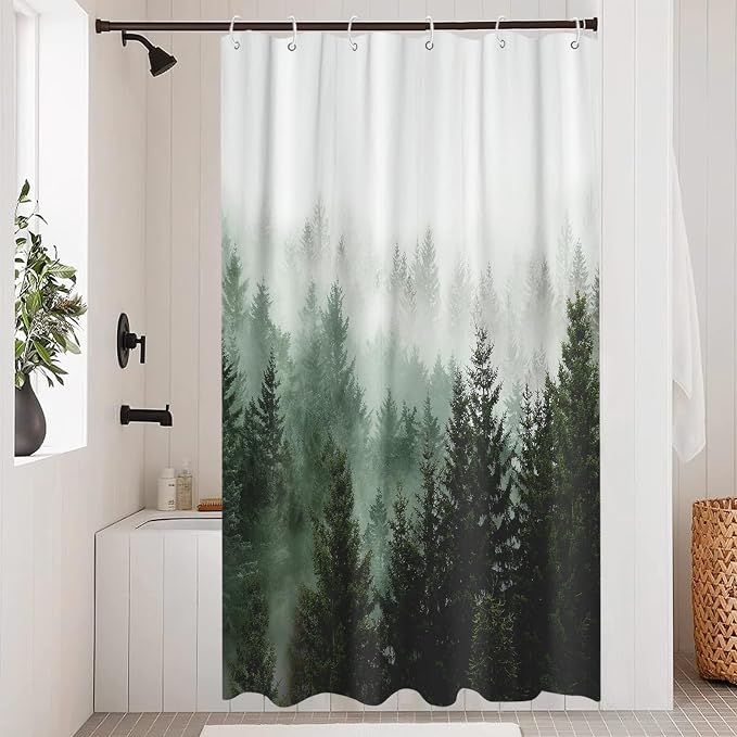 Aipon Green Misty Forest Shower Curtain Nature Tree Shower Curtain Set Dark - Image 4