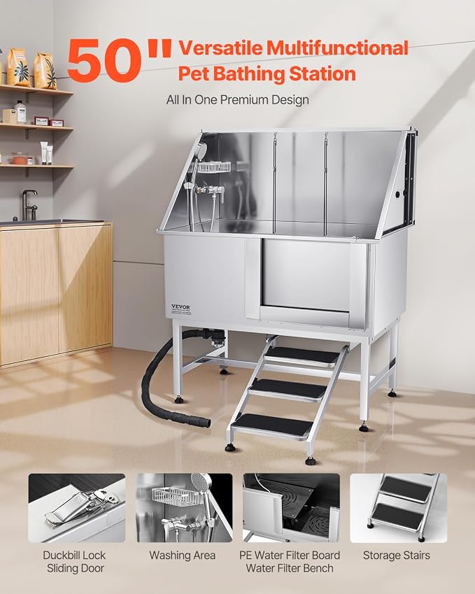 VEVOR Stainless Steel Dog Washing Station, 50 inch Pet Grooming Tub w/Stairs - Image 2