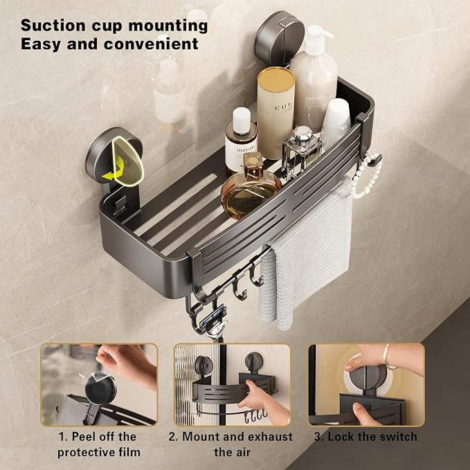 VOLPONE Shower Caddy Suction Cup No Drilling Suction Cup Shower Shelf Aluminum - Image 3