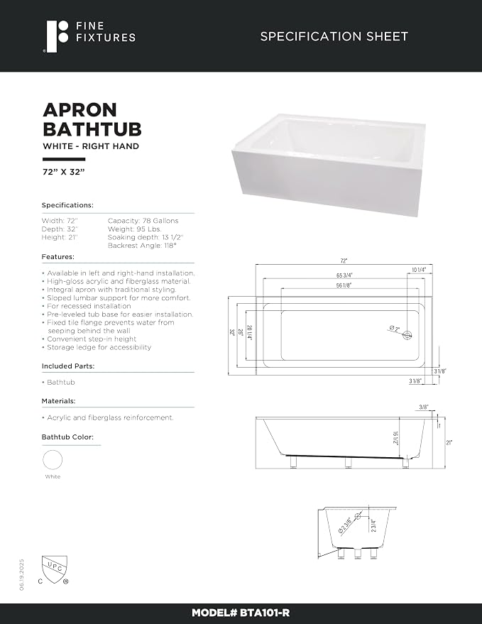 Fine Fixtures Acrylic, Fiberglass Alcove Soaking Bathtub - Image 9