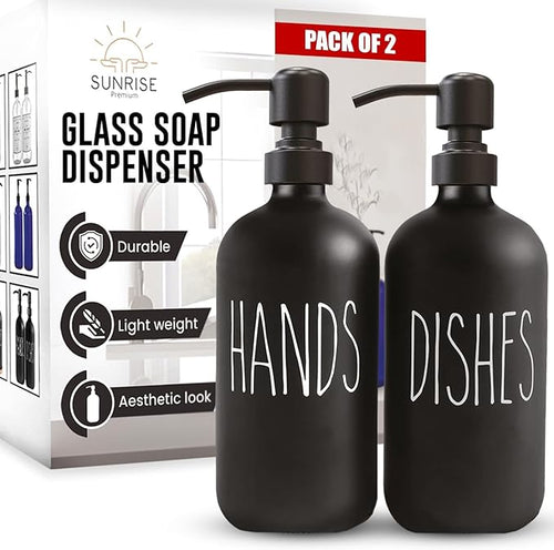 16 OZ Thick Black Glass Soap Dispenser, Matte Black Stainless Steel Pump 2 Pack by SunrisePremium