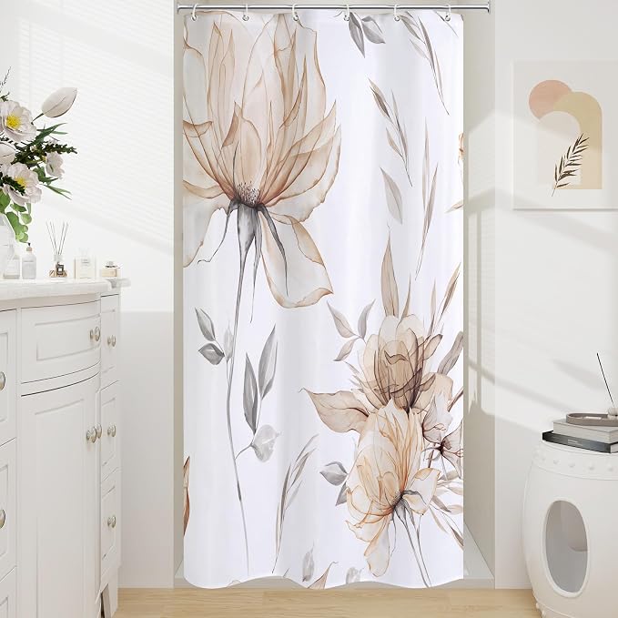 Small Stall Boho Watercolor Floral Shower Curtain 36 x 72, Tan Artistic Narrow by Decorateyourhome