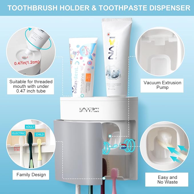 Boperzi Toothbrush Holder Wall Mounted Toothpaste Dispenser Gray Dustproof Cover - Image 3