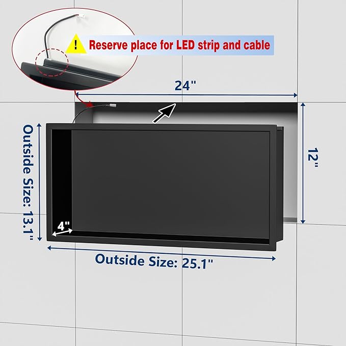 RGB LED Light Shower Niche, Matte Black 24X12 in Stainless Steel Recessed - Image 3