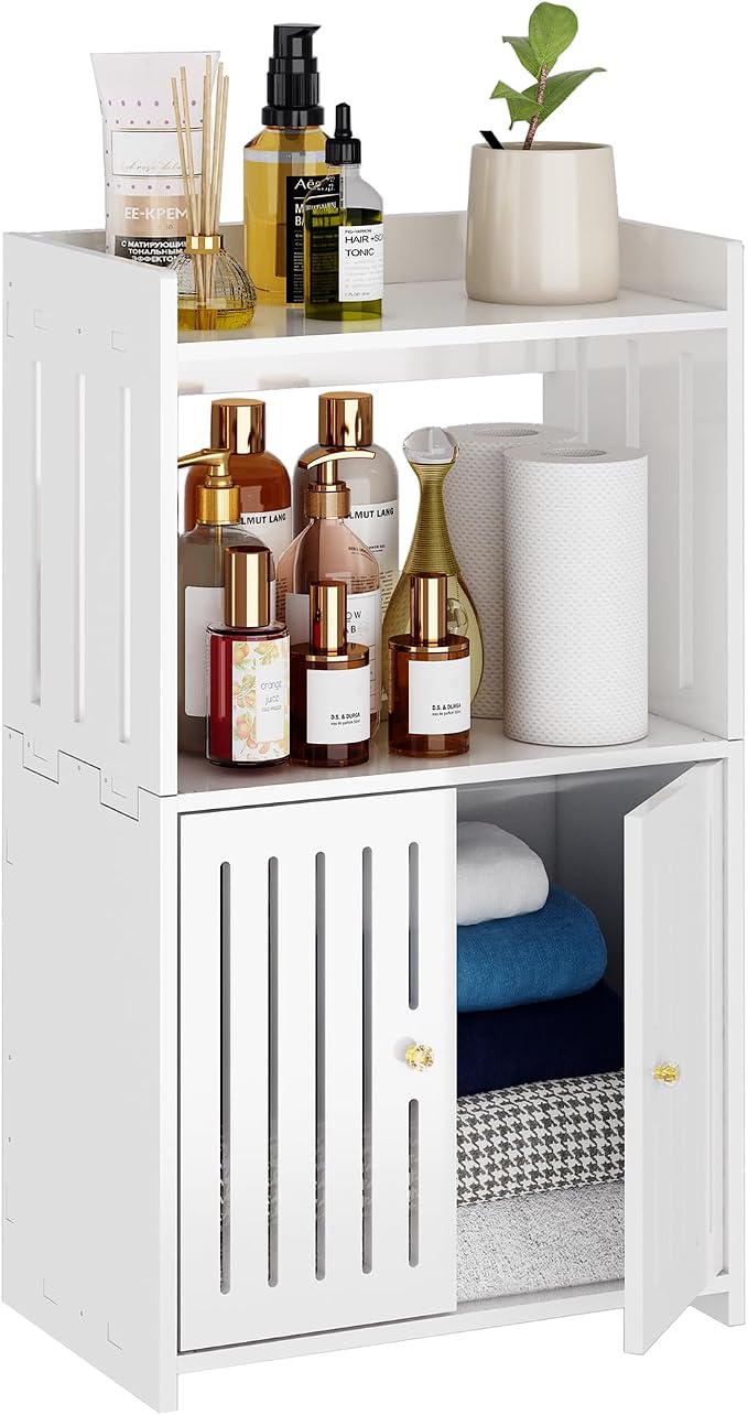 Bathroom Storage Cabinet, 3-Tier Small White Floor Cabinet Freestanding by HAYOFAMY