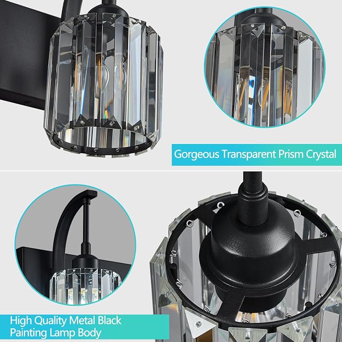5-Light Crystal Vanity Light, Modern Black Bathroom Wall Sconce - Image 5