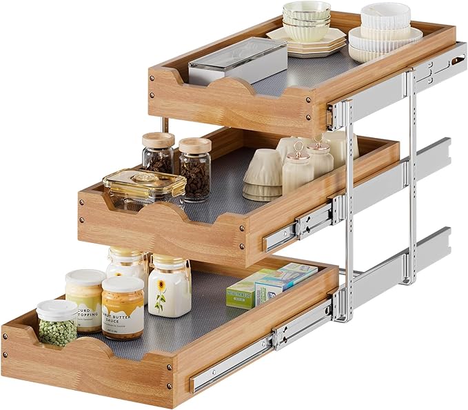 OCG Pull Out Drawer 14" W x 21" D, 3 Tier Pull Out Cabinet Organizer, by OCG
