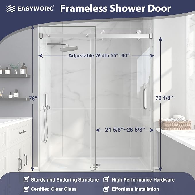 Frameless Shower Door, 55-60" W x 76" H Sliding Glass Shower Door, 1/4'' SGCC - Image 6