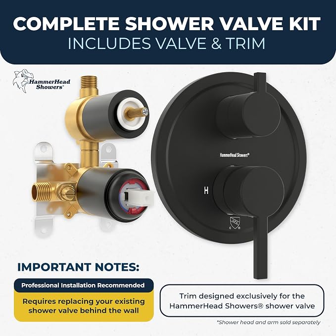 HammerHead Showers Solid Metal Two Handle Shower Valve and Trim Kit Matte Black - Image 4