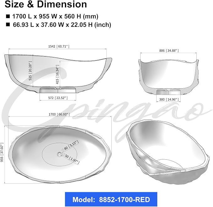 Cpingao 67" Resin Translucent Freestanding Bathtub, Modern Oval Stand Alone Tubs - Image 5