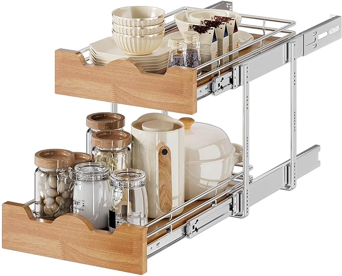 OCG Pull Out Cabinet Organizer 14" W x 21" D, 2 Tier Slide Out Shelf, by OCG