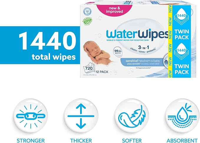 WaterWipes Sensitive+ Newborn & Baby Wipes, 3-In-1 Cleans, 99.9% Water - Image 2