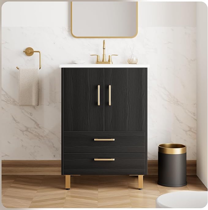 phiestina Fully Pre-Assembled Black 24 inch Bathroom Vanity, 2 Soft Close Doors - Image 2