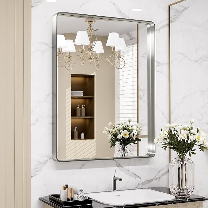 LOAAO 32X36 Inch Brushed Nickel Bathroom Mirror, Rounded Rectangle Silver Metal by LOAAO