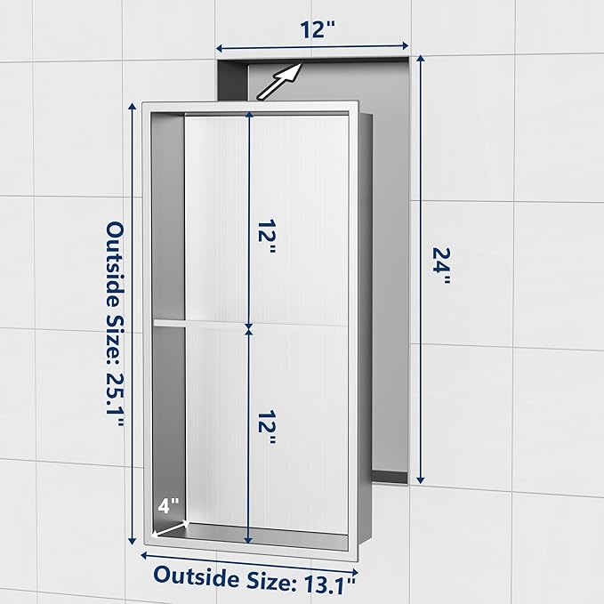Stainless Steel Shower Niche 24" X 12", No Tile Needed Wall Niche Double Shelves - Image 3