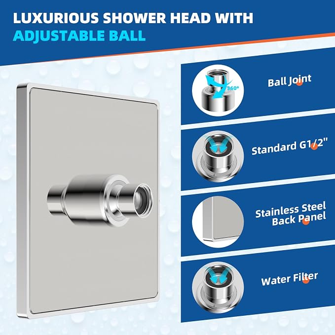 Hibbent Thickness Metal Rain Shower Head, 6 Inch High Pressure Rainfall Shower - Image 2
