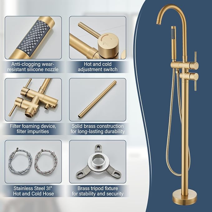 Brushed Gold Freestanding Bathtub Faucet - Image 8