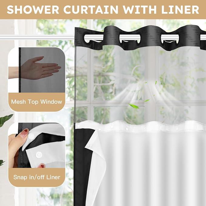 No Hook Shower Curtain and Snap in Liner Set Black Tufted Chevron Striped Cloth - Image 3