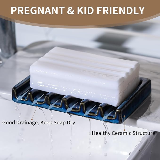 Tanew Self Draining Premium Ceramic Soap Dish, Bar Waterfall Soap Dish - Image 2