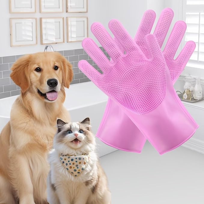 2-in-1 Pet Grooming Gloves and Brush, Dog and Cat Bath Scrubber Silicone Gloves by BCCLBL