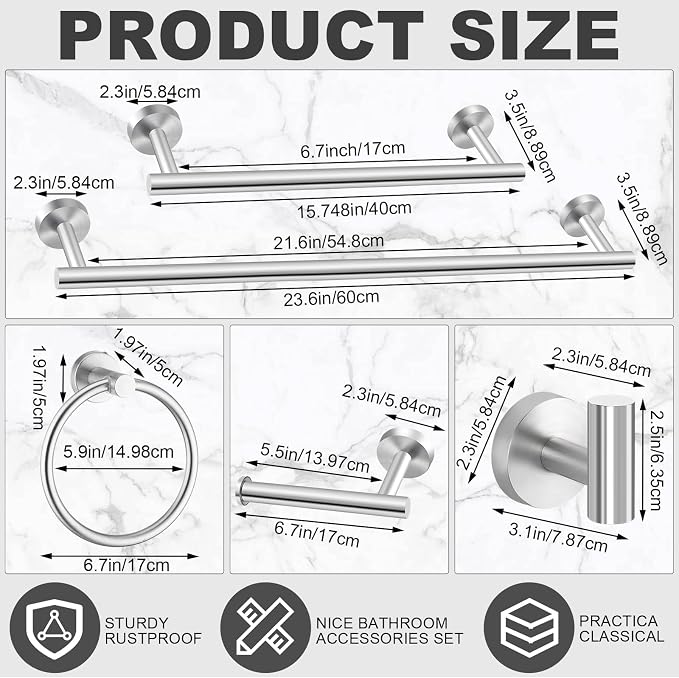 Gisafai 30 Pcs Bathroom Hardware Set, 23.6 Inch Brushed Towel Bar Ring Toilet - Image 2