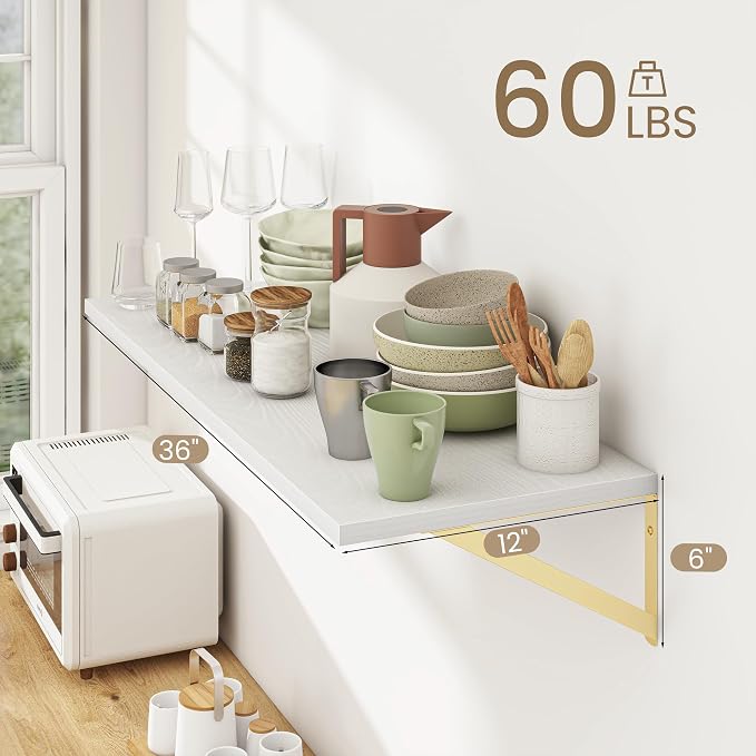 Dreamland White and Gold Shelves, 36 inch Shelf, Large Floating Shelf 12 inch - Image 3