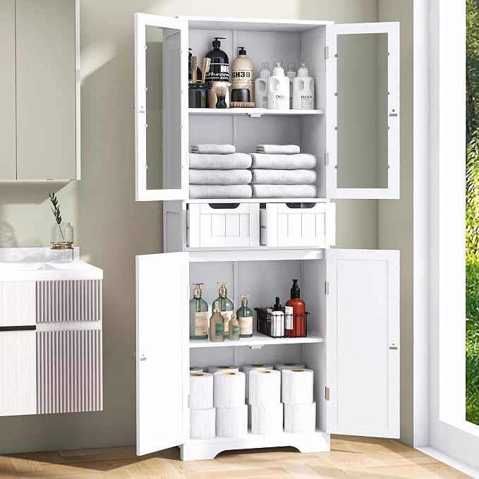 67" Tall White Bathroom Cabinet Storage Cabinet, Freestanding Storage Cabinet - Image 7